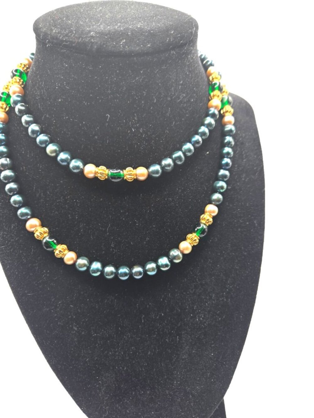 Vintage Freshwater Pearl & Green Glass Necklace | Peacock Pearl Necklace | Gold